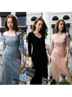 kudapy เดรสสั้นผ้ายืดสีเทา/สีชมพู/สีดำ แต่งซีทรูช่วงบน ทรงเข้ารูปสวย กระดุมหน้า ชายกระโปรงดีไซน์แหว่งผ่าตามแบบ