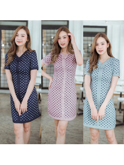 kudapy เดรสสั้นคอปก แขนสั้น สีเขียว/สีกรม/สีชมพู เดรสสั้นคอวีลายจุด ทรงเอเข้ารูป