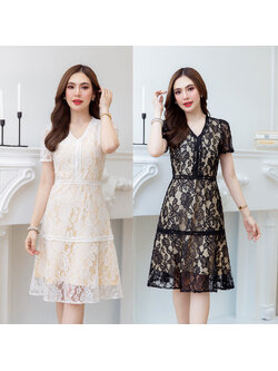 kudapy เดรสสั้นสีขาว/สีดำ เดรสลูกไม้สวยหรู ลูกไม้ลายสวย มีดีเทลแต่งลูกไม้แน่นๆทั้งชุด ท้้งช่วงรอบคอ รอบเอว