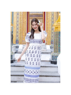 kudapy เดรสยาวแต่งคาดเอวแขนตุ๊กตา ผ้าลายไทย ใส่ไปงานวัด งนบุญ