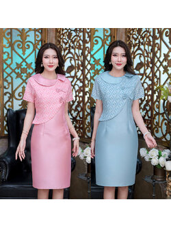 kudapy เดรสสั้นสีชมพู/สีฟ้า ผ้าไหมพิมพ์ลายไทยช่วงตัวเสื้อ ใช้ผ้า 2 ชนิดนะคะ ดีไซน์สวยหวานน่ารัก เป็นคอบัวสไตล์เสื้อคลุมด้านนอกเป็นงานเดรสชิ้นเดียว