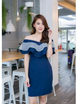 kudapy เดรสสั้นออกงานสีน้ำเงินกรมท่า เดรสสั้นเปิดไหล่ แต่งระบายไหล่ผ้าแก้ว ทรงสวย มีซับใน ซิบหลังนะคะ