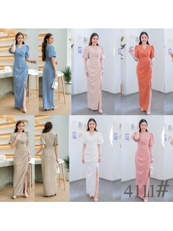 kudapy เดรสยาวสีครีม/สีชมพู/สีชาไทย/สีขาว ทรงคอวี แขนพอง เอวสูง จับเดรปย่นช่วงสะโพก เดรสใส่ออกงาน ผ่าหน้าขา sexy เล็กๆ เนื้อผ้า เครปเกาหลี