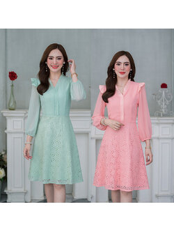 kudapy เดรสสั้นสีโอรส/สีเขียวมิ้น แขนยาวชีฟอง กระโปรงลูกไม้ ดีเทล แต่งผ้าลูกไม้คอตตอนช่วงไหล่ คอและอก ช่วงไหล่เป็นแขนปีกนิดๆสวยเก๋