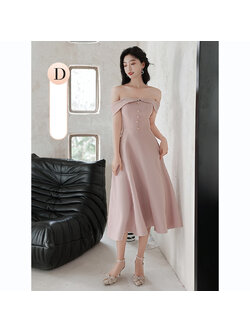 kudapy เดรสสั้นออกงานสีชมพู ทรงปาดไหล่ปิดต้นแขนกระโปรงทรงบาน สวยหวาน เรียบหรู สวยดูดี สไตล์มินิมอล ใส่ได้ทั้งงานกลางวัน กลางคืน