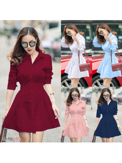 kudapy เดรสเชิ้ตแขนยาวสีแดง โอรส ฟ้า ชมพู ผ่าติดกระดุมหน้า แกะออกได้ ช่วงเอวสม็อคยางยืด 2 ข้าง