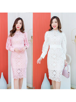 kudapy เดรสสั้นสีชมพู/สีขาว คอจีบแขนตุ๊กตายาวใส่สบายสวยดูดี