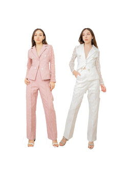 kudapy ชุดเซตสูท 2 ชิ้น สีขาว สูทผ้าลูกไม้ลุคCEO ลูกไม้อัดกาว เนื้อผ้าพรีเมี่ยม แต่งเข็มกลัดสวยๆ