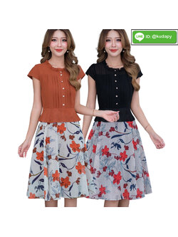 kudapy เดรสสั้นผ้าชิฟฟ่อนพิมพ์ลาย สีส้มน้ำตาล สีดำ ผ้าพริ้วใส่สบาย ลายสวยค่ะ ดีไซน์ด้านบนเป็นงานผ้าชีฟองสีพื้นแขนสั้นตีเกร็ด