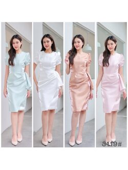 kudapy เดรสแขนตุ๊กตา คอกลม จีบระบายเอว กระโปรงสอบ ทรงดินสอ ผ่าหลังเดินสะดวก