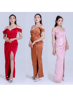 kudapy เดรสยาวสีน้ำตาลทอง/สีชมพู/สีแดง ออกงาน สายเดี่ยวคล้องไหล่ กระโปรงยาวผ่าหน้า แนวเรียบหรู