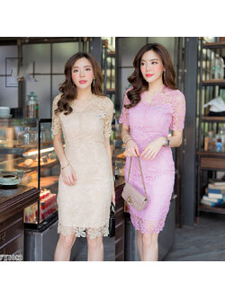 kudapy เดรสสั้นสีชมพู/สีครีม ลูกไม้มีซับ ผ้าสวยใส่ออกงาน ลูกไม้ทั้งชุด