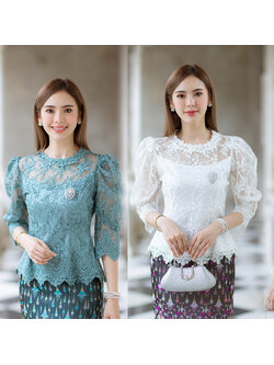 kudapy (เฉพาะเสื้อ) เสื้อลูกไม้แขนพองสีเขียว/สีขาว/สีชมพู คอกลม แขนสามส่วน ผ้าลูกไม้ใยบวบเนื้อดีลายลูกไม้แน่นทั้งตัว ตัวเสื้อมาพร้อมซับในเนื้อดีในตัว