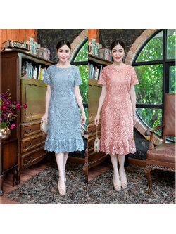 kudapy เดรสสั้นสีโอรส/สีฟ้า ลูกไม้ปาด้าคอตตอน ผ้าทอลาย แต่ด้วยเนื้อผ้าลูกไม้ทำให้ดูหรูหรา