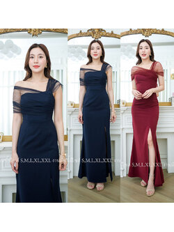 kudapy เดรสยาวสีแดง/สีกรม สไตล์เรียบหรูดูแพง ไหล่แต่งผ้าซีทรู กระโปรงยาวผ่าหน้า เหมาะสำหรับใส่เป็นชุดราตรี ชุดไปงานแต่งงาน ชุดเพื่อนเจ้าสาว