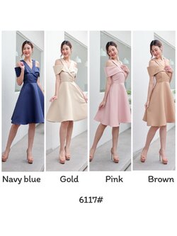 kudapy เดรสเปิดบ่า คัตติ้งคอสูท เก๋เวอร์ กระโปรงบาน เอวสูง เนื้อผ้าโพลีเอสเตอร์ เนื้อด้านไม่เงา ผ้าค่อนข้างแข็งอยู่ทรง