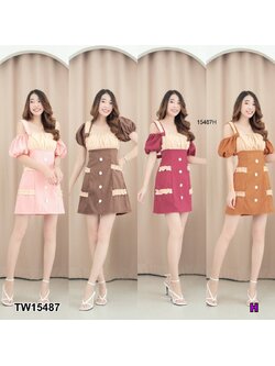 kudapy เดรสสั้นสสี ชมพู น้ำตาล ม่วง ส้มอิฐ สายเดี่ยวเว้าไหล่ แขนตุกตาผ้าซาร่า สีพื้นด้านหน้าปักดอกไม้สวยเก๋