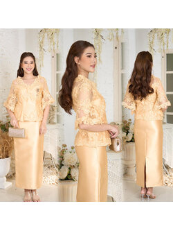 kudapy ชุดเซทสีทอง ผ้าไหมญี่ปุ่นเนื้อหนา เสื้อคอวีแต่งลูกไม้เนื้อนิ่ม แขนระบาย เย็บไล่ความยาวให้ทรงแขนเสื้อเก๋