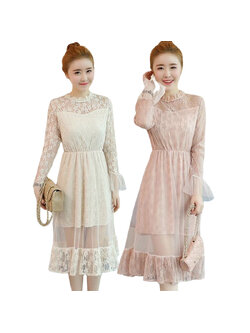 kudapy เดรสสั้นคอปีนแขนยาวสีครีม /สีชมพู เดรสลูกไม้ใส่ไปงาน แขนแต่งลูกไม้ซีทรู เอวจั้มยืดหยุ่นตามตัว