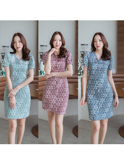 kudapy เดรสสั้นสีเขียว/สีชมพู/สีเทา ไหล่ปักดอกผ้าแจ็คการ์ด ใส่เที่ยว ใส่ออกงานสวยดูดี น่ารัก