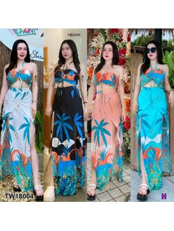 kudapy Set 2 ชิ้น เสื้อเกาะอก + กางเกงกระโปรงยาว พิมพ์ลายเข้าเซต