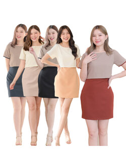 kudapy เดรสสั้นสีน้ำตาลแดง/สีเทาเข้ม/สีดำ/สีครีมเข้ม/สีเบจ ทูโทน ทรงคอปาด ช่วงกระโปรงทรงสอบ ผ่าชายด้านหลังให้เดินสะดวก