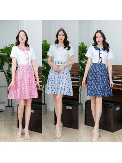 kudapy เดรสสั้นสสีขาว สีชมพู สีกรม คอบัวเสื้อผ้าพื้นกระโปรงลาย