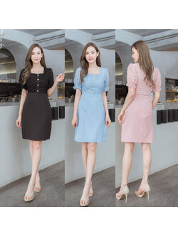 kudapy เดรสสั้นสีชมพู/สีฟ้า/สีดำ ผ้าทอแขนจั๊มแต่งกระดุม