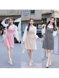 kudapy เดรสสั้นสีครีม/สีชมพู/สีดำ คอปกแขนยาวขาวผ้าทวิต