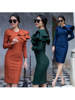 kudapy เดรสออกงานเเขนยาว 5 ส่วน ระบายไหล่จีบดอกกุหลาบสีเขียว/สีน้ำเงินกรมท่า/สีส้ม สวยปัง มากคะ ใส่ออกงาน ทำงานได้ เรียบหรูดูเเพง สาวๆ อย่าพลาดกันนะจ๊ะ