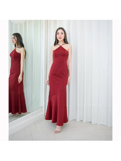 kudapy เดรสยาวสีแดง สายเดี่ยวคล้องคอ ผ้าเครปซาตินเนื้อดีมีซับใน