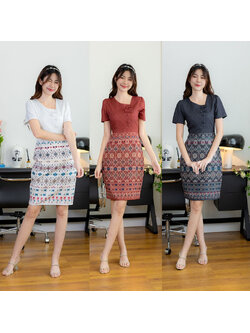 kudapy เดรสสั้นสีขาว/สีดำ/สีแดง ผ้าลายไทยแต่งโบว์ ใส่ทำงาน ใส่เที่ยวสวยดูดี