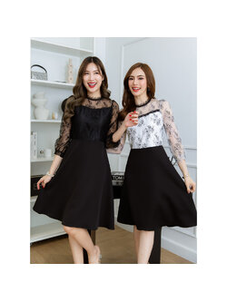 kudapy เดรสสั้นสีดำ/สีทูโทนขาวดำ ลูกไม้แขนยาวสี่ส่วน ลูกไม้สวย แต่งลูกไม้ช่วงอกและรอบคอ