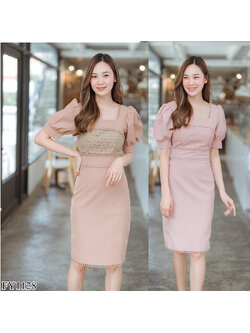 kudapy เดรสสั้นสีชมพู/สีน้ำตาล แขนตุ๊กตาชายลูกไม้ใส่สบายสวยดูดีมากๆ