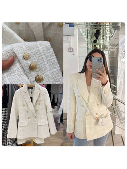 kudapy เสื้อคลุมสีขาว เสื้อคลุมผ้าทวิต over size กระดุมทอง มีซับในทั้งตัว กระเป๋าจริง