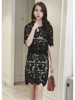 kudapy set เสื้อและกระโปรง ผ้าลูกไม้สีดำ แขนสั้นคอกลม เดรสทรงเอ มีซับใน ซิบหลัง