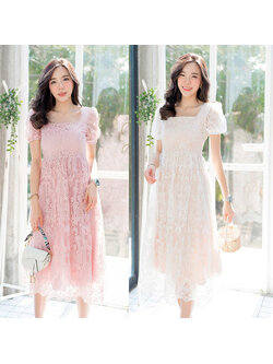 kudapyเดรสสั้นสีขาว/สีชมพู คอเหลี่ยมแขนตุ๊กตาลูกไม้ซีทรูมีซับ