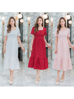 kudapyเดรสยาวสีแดง/สีชมพู/สีขาว แขนกระบอกสั้น ใส่สบายสวยดูดี