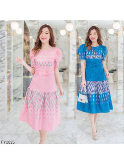 kudapy เดรสผ้าไทยยาวคลุมเข่าสีกรม/สีชมพู คอกลมแขนตุกตา ติดโบว์รัดเอวลายไทยสวยใส่สบายดูดี ซับหลังอย่างดี