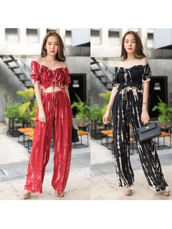 kudapy Set สีแดง/สีดำ ครอป+กางเกงผ้ามัดย้อม เสื้อครอบปาดไหล่ ใส่แล้วพริ้วไหวมากๆ