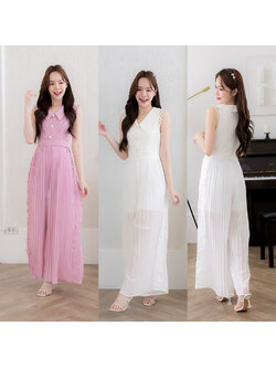 kudapy จั้มสูทขายาวสีชมพู/สีขาว กางเกงอัดพีช ลูกไม้สวย แขนกุด คอปก ใส่สบาย