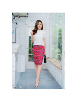 kudapy เซทเสื้อลูกไม้คอจีน+กระโปรงผ้าลายไทยสีแดง ใส่ทำงาน ออกงานสวยดูดี