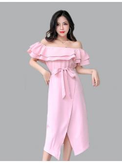 เดรสออกงานผ้าโพลีเอสเตอร์ผสมสีชมพู ใส่ได้หลากหลายแบบ ทั้งแบบปกติ แบบไหล่ป้าน