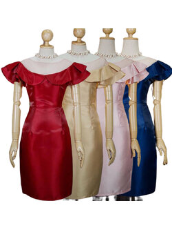 kudapy เดรสสั้นสีชมพู กรมท่า แดง ทอง เนี้อผ้า polyester อยู่ทรงใส่สบาย สวยหวาน เรียบร้อยแต่ไม่เชย ไม่โป๊