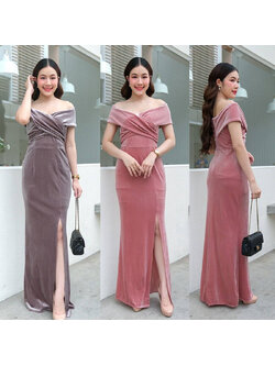 kudapy เดรสยาวสีเทา/สีชมพูโอรส/สีแดง ผ้ากำมะหยี่ไขว้อก ทรงเปิดบ่า กระโปรงหางปลาผ่าหน้า ทรงนี้เรียบหรู