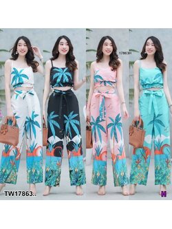 kudapy Set 2 ชิ้นเที่ยวทะเล เสื้อครอปสายเดี่ยวลายมะพร้าว + กางเกงลายมะพร้าว
