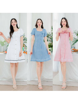 kudapy เดรสสั้นสีฟ้า/สีขาว/สีชมพู แขนตุ๊กตาดอกไม้ติดอก