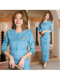 kudapy ชุดเซ็ทสีฟ้า ผ้าฝ้ายทรงเรือนต้นงดงามในความเป็นไทย อัดกาวอย่างดี