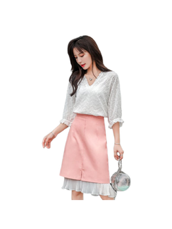 ชุดเซ็ท 2 ชิ้น เสื้อลูกไม้ฉลุสีขาว+กระโปรงสีชมพูแต่งระบาย ทรงน่ารักมากๆๆค่ะ