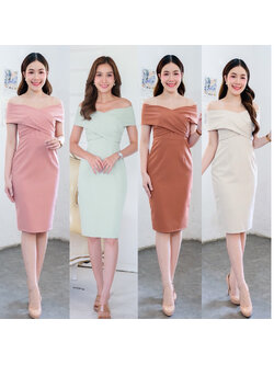 kudapy เดรสสั้นสีครีมเบจ/สีส้มอิฐ/สีชมพูเข้ม/สีเขียวมิ้นท์ เปิดบ่าแถบใหญ่ จับจีบข้างอก กระโปรงสอบ ผ่าหลัง